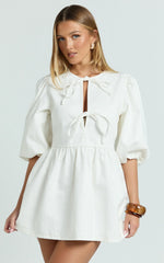 Shailene Mini Dress Tie Front Puff Sleeve Recycled Denim Dress in Ecru