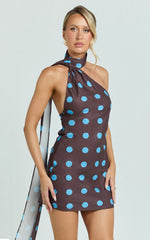 Maddox Mini Dress Scarf Neck Low Tie Back Slip Dress in Polka Dot Print