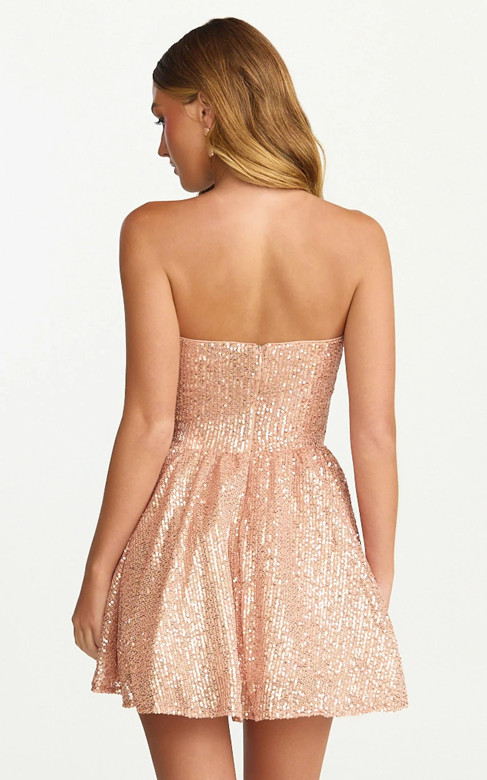 Hana Mini Dress Strapless Fit And Flare Sequin Dress in Rose Gold