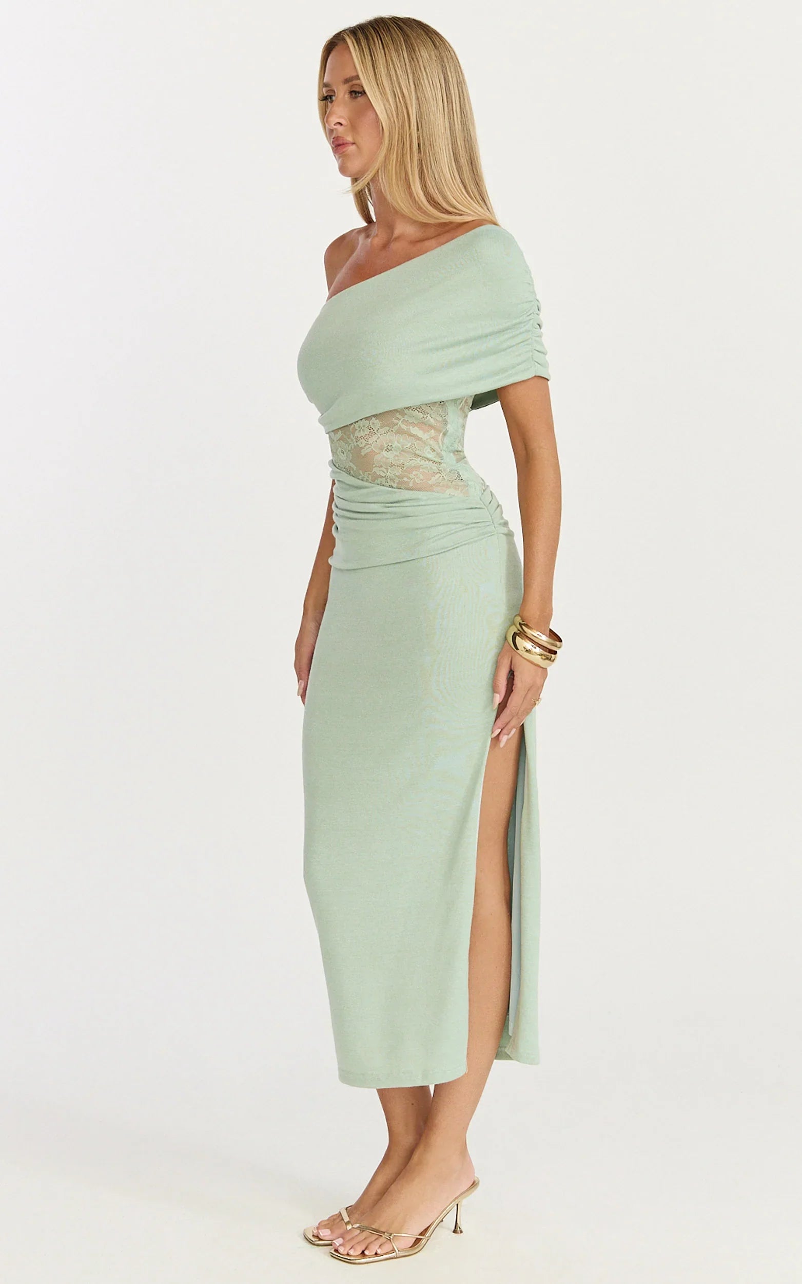 Juliet Midi Dress One Shoulder Lace Contrast Bodycon Dress in Sage