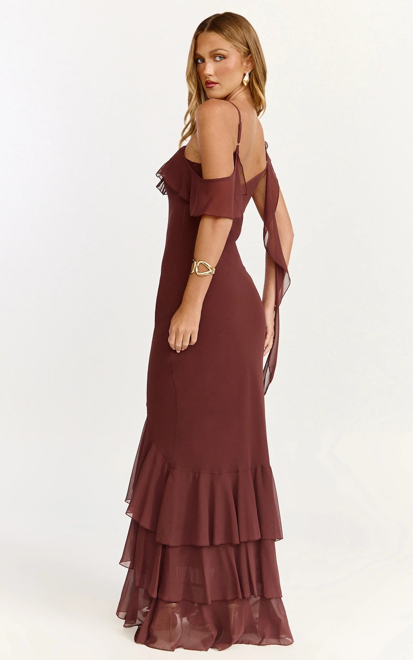 Riley Maxi Dress Asymmetric Ruffle Detail Maxi Dress in Chocolate