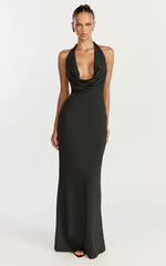 Sylvana Maxi Dress Cowl Halter Neck Bodycon Dress in Black