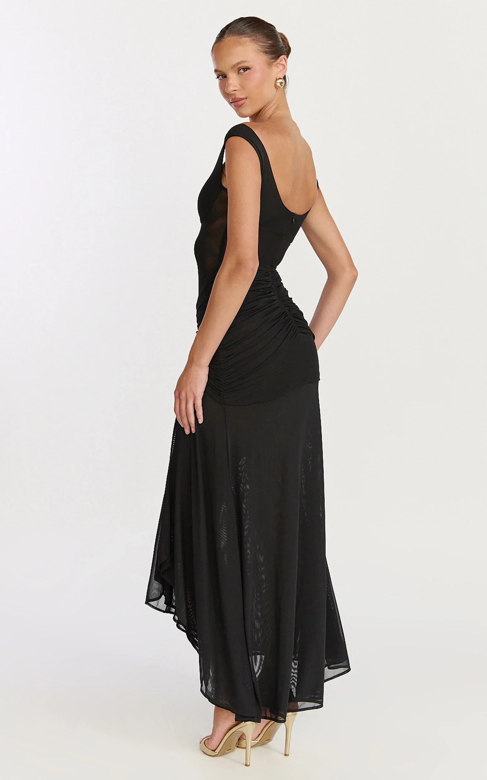Demetria Maxi Dress Mesh Bodycon Dress in Black