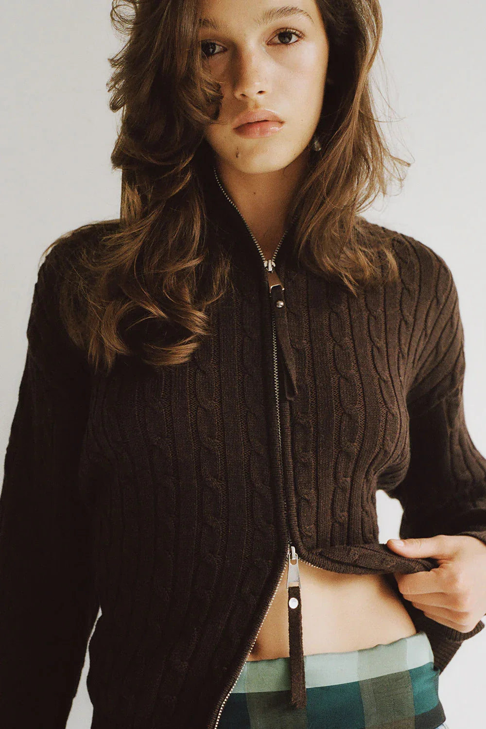 Bea Cable Knit Zip Up Sweater Chocolate Brown