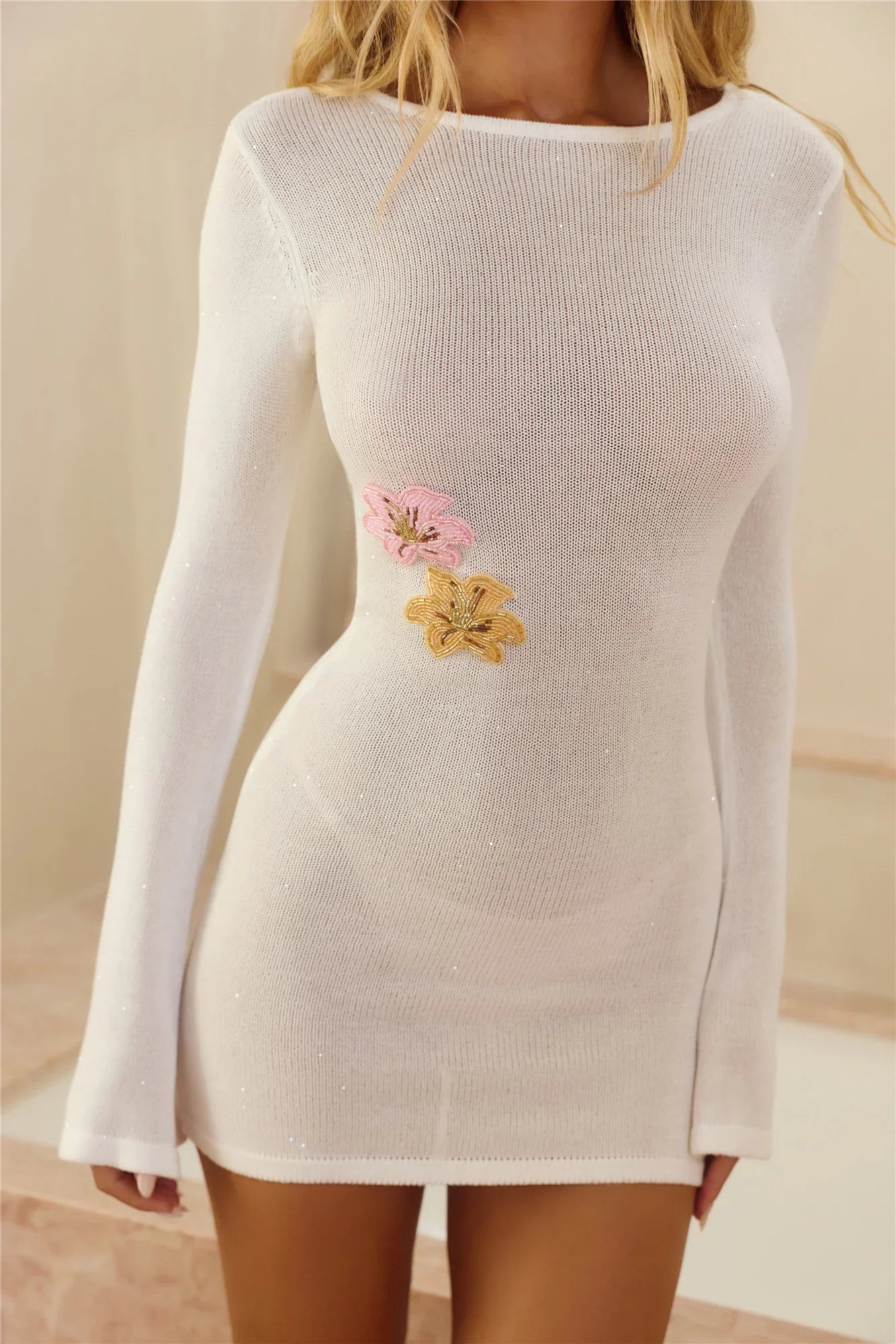 Sun Kissed Evenings Knit Long Sleeve Mini Dress White