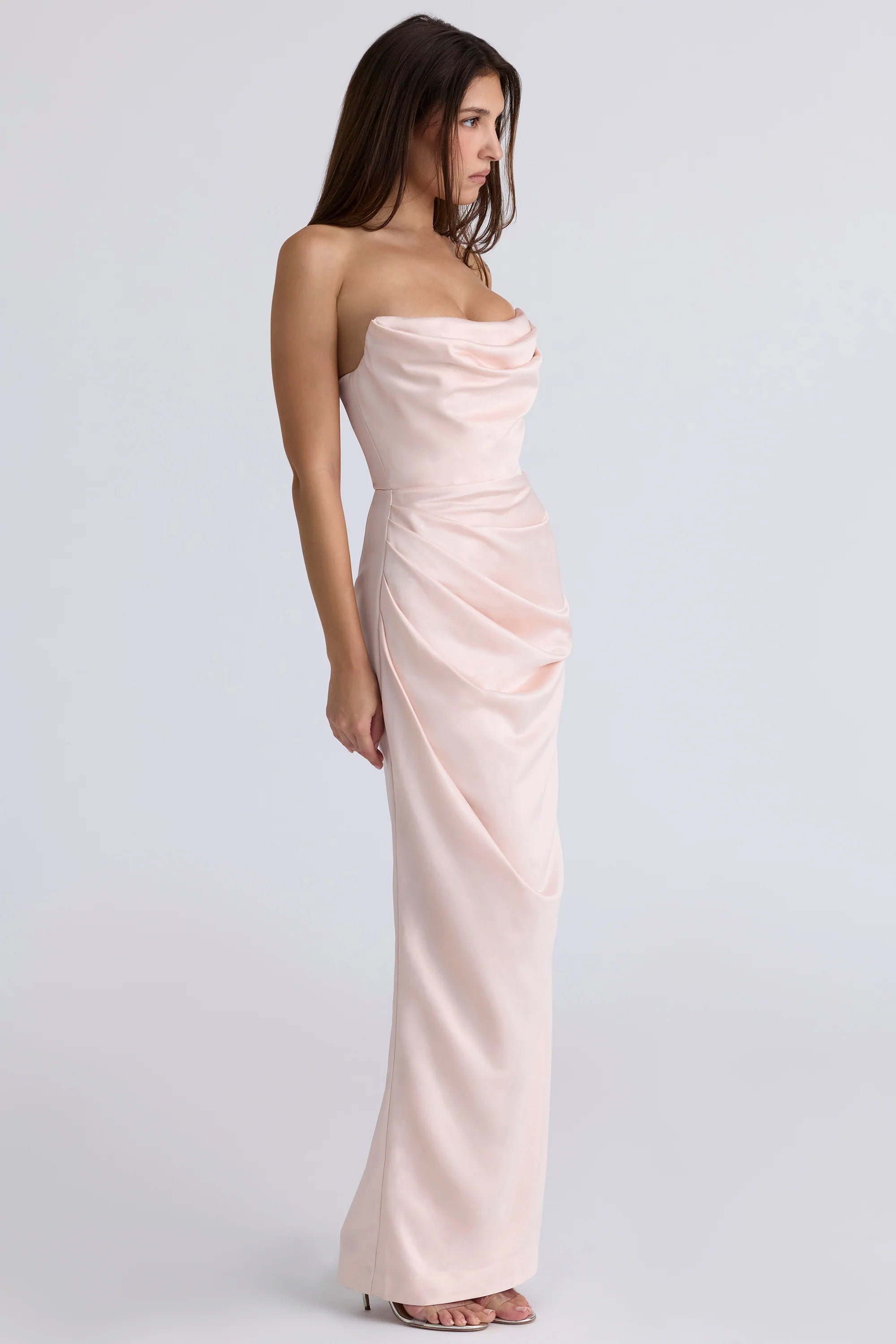 champagne satin strapless gown