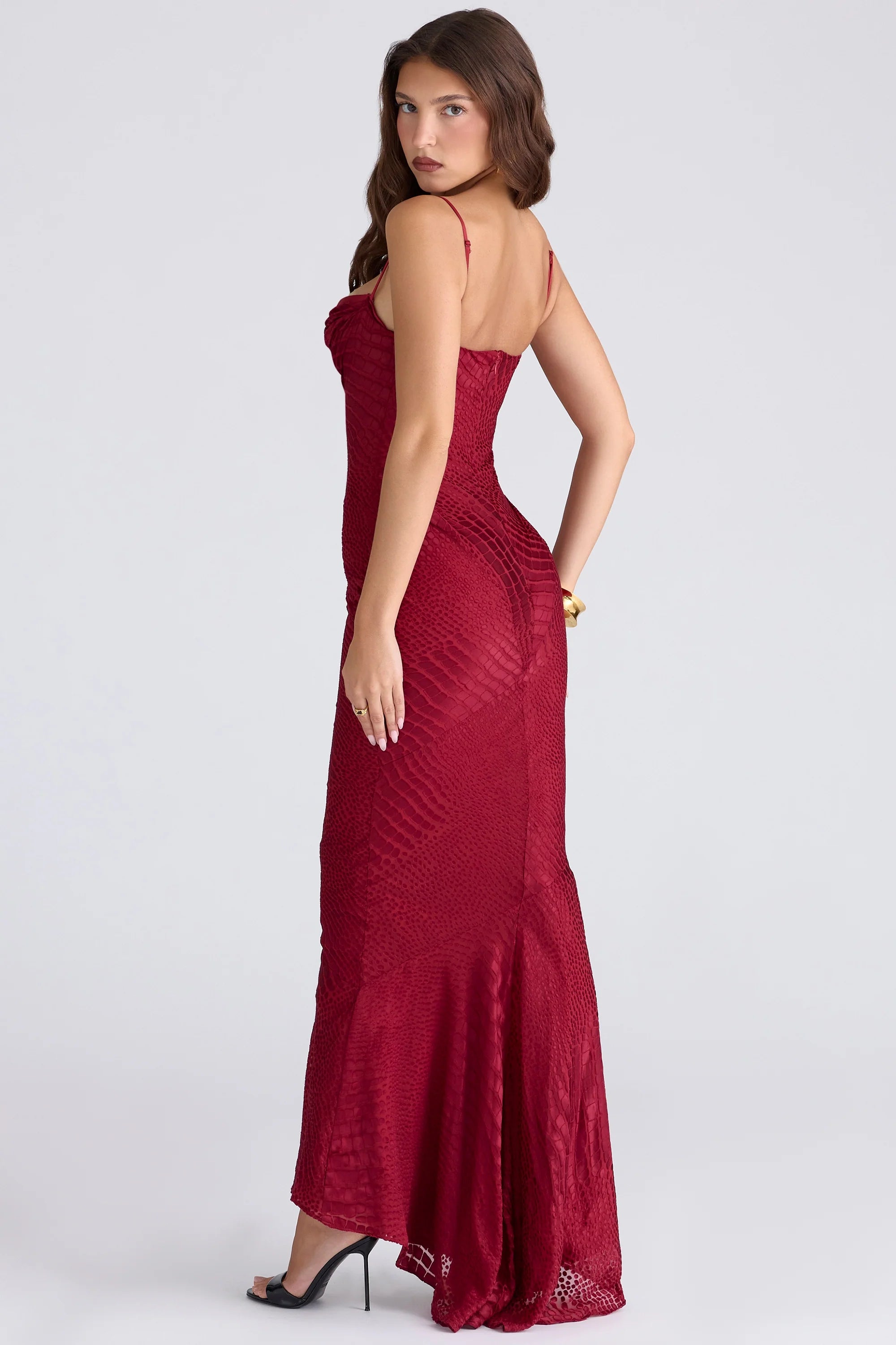 deep red devoré satin maxi gown limited edition