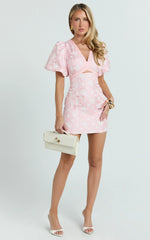 Diana Mini Dress Jacquard Short Sleeve Cut Out Dress in Light Pink