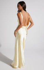 Adilah Maxi Dress Cowl Neck Satin Dress in Butter Yellow