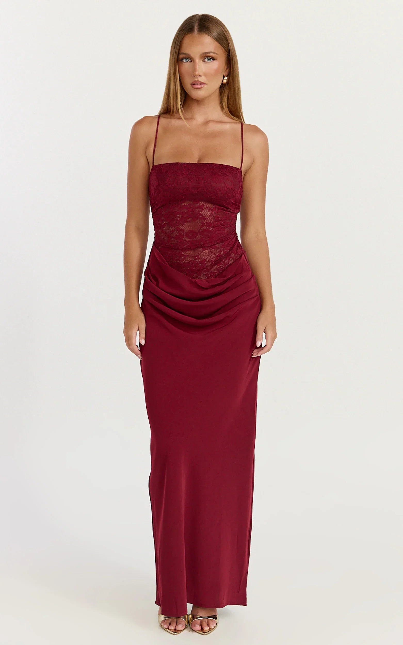 Rania Maxi Dress Contrast Lace Bodice Bias Cowl Drop Waist Dress in Wine