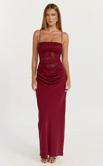 Rania Maxi Dress Contrast Lace Bodice Bias Cowl Drop Waist Dress in Wine