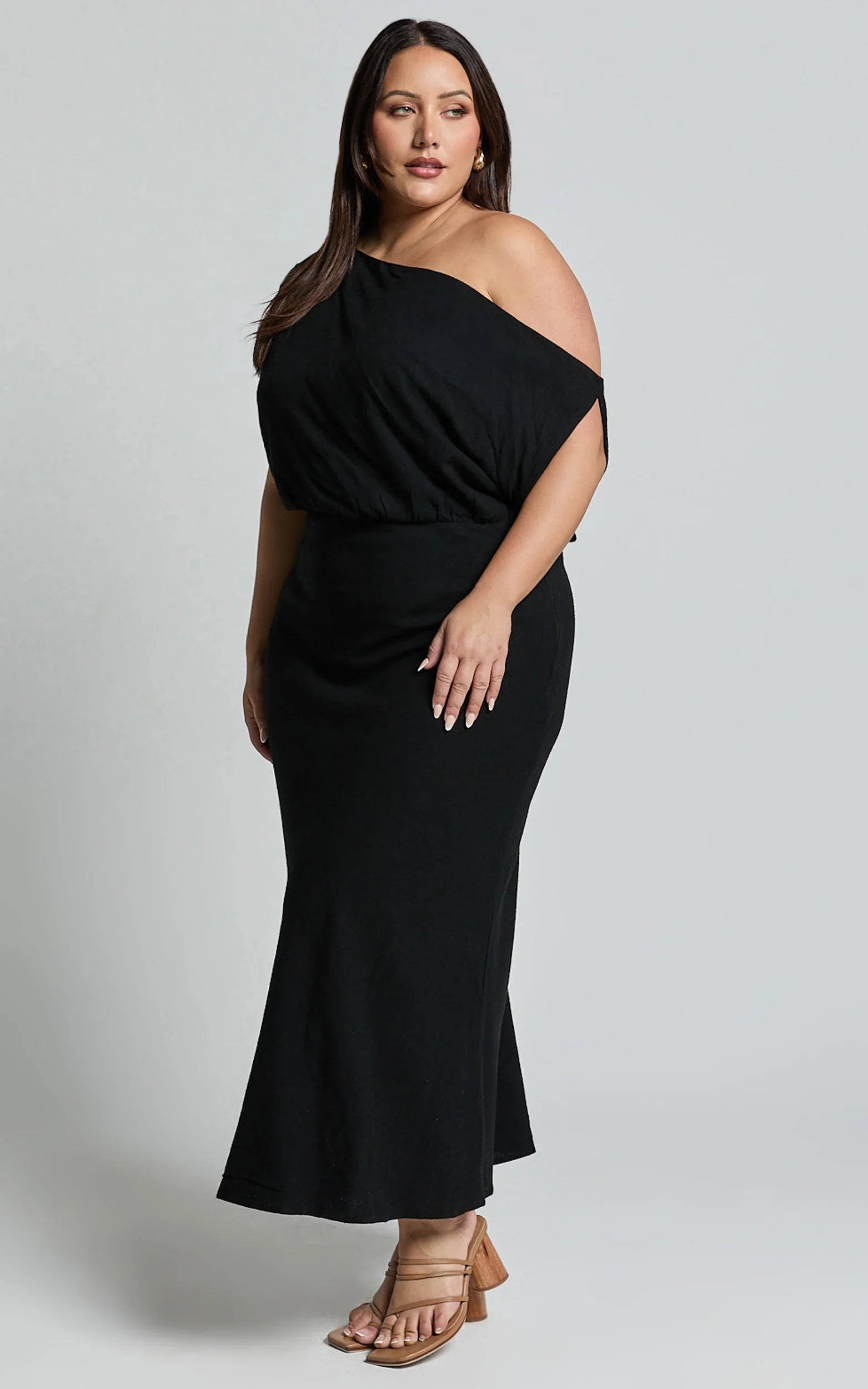 Jacqueline Midi Dress Linen One Shoulder Dress in Black