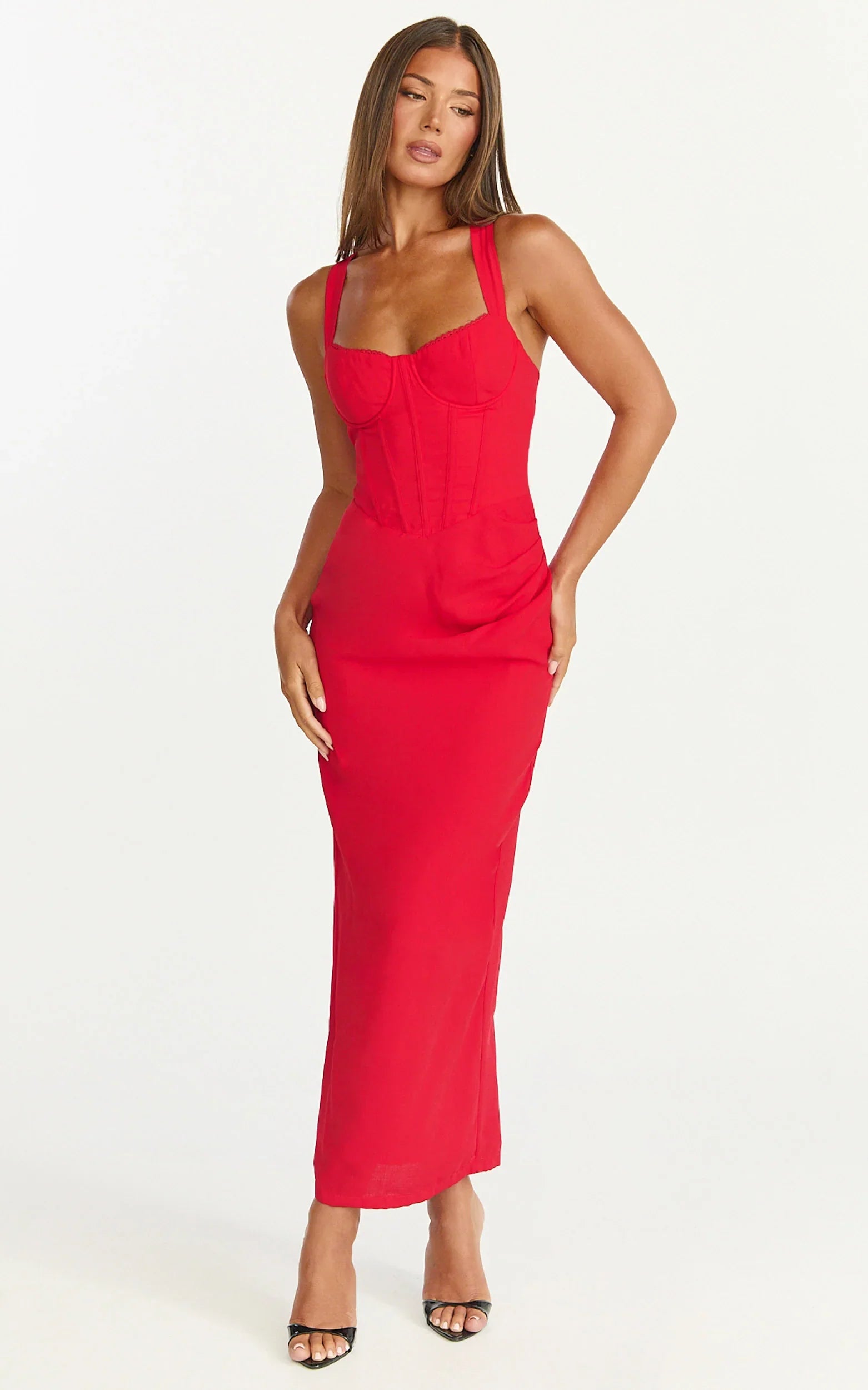 Lila Midi Dress V Neck Corset Top Bodycon Dress in Red