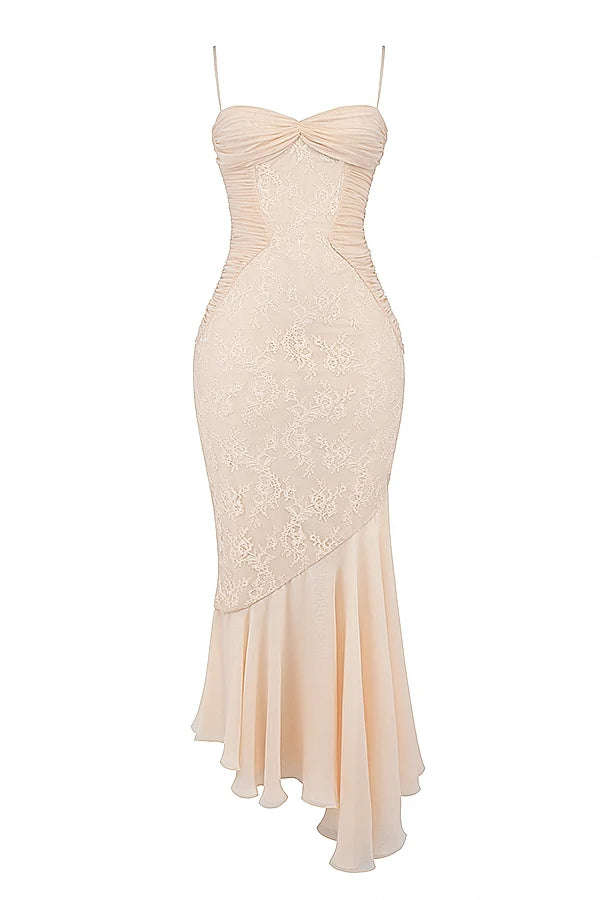 vanilla chiffon lace gown