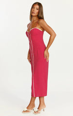 Camille Midi Dress Button Front Bustier Lace Trim Fitted Dress in Red