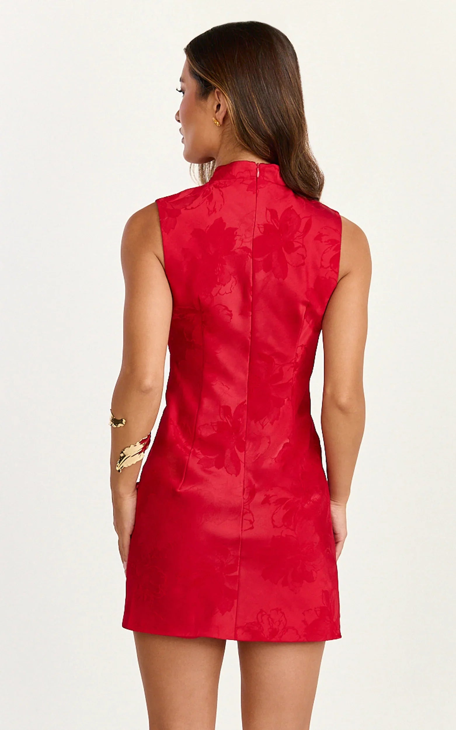 Atalia Mini Dress Mandarin Collar Jacquard A Line Dress in Red
