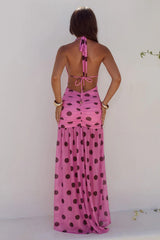 ADRIANNA PLUNGE RUCHED MAXI DRESS MUSK CHOC POLKA