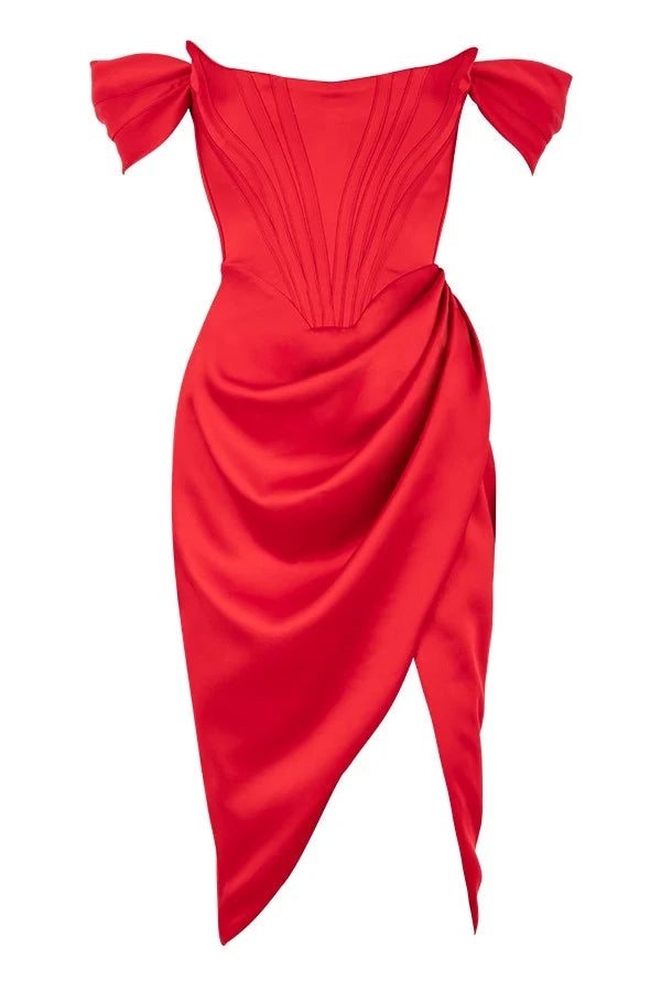 red satin off shoulder dress