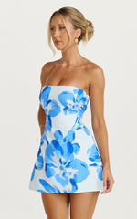 Elouise Mini Dress Strapless Princess Panel A Line Dress in Blue Floral