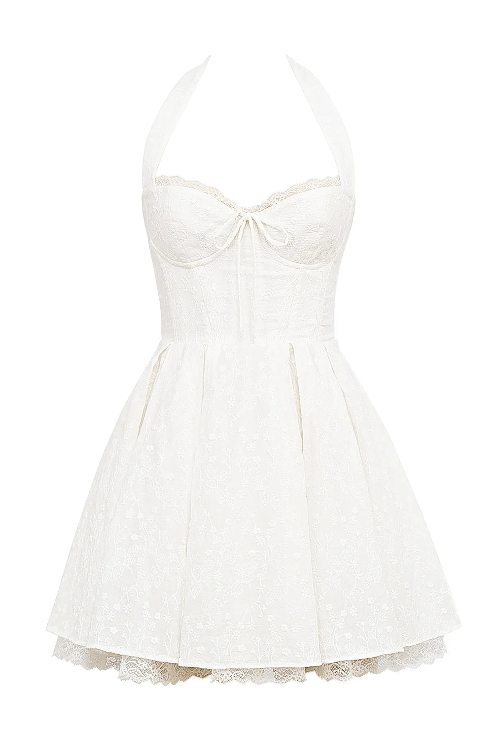 white broderie anglais halter mini dress