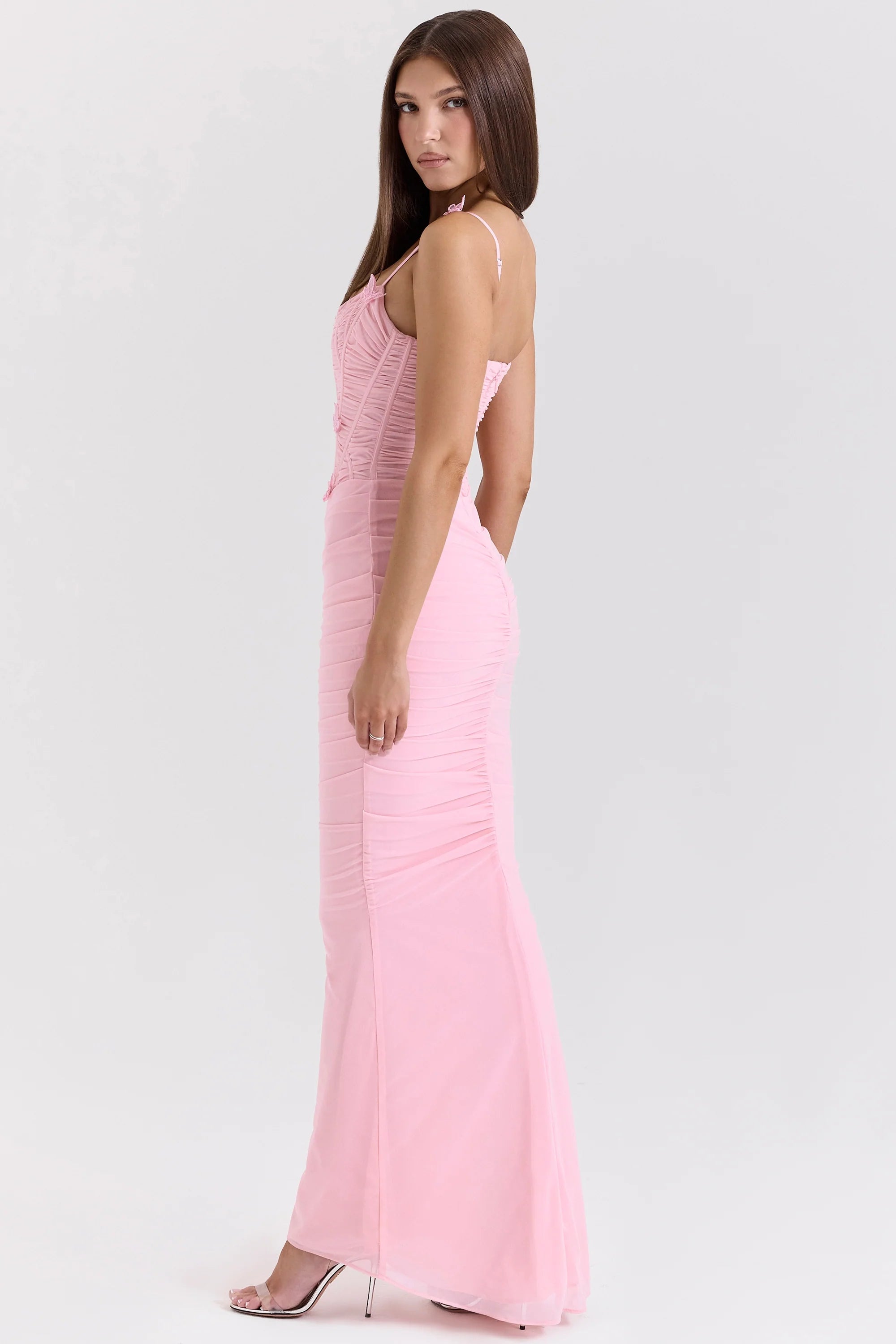 pink stretch mesh butterfly maxi dress