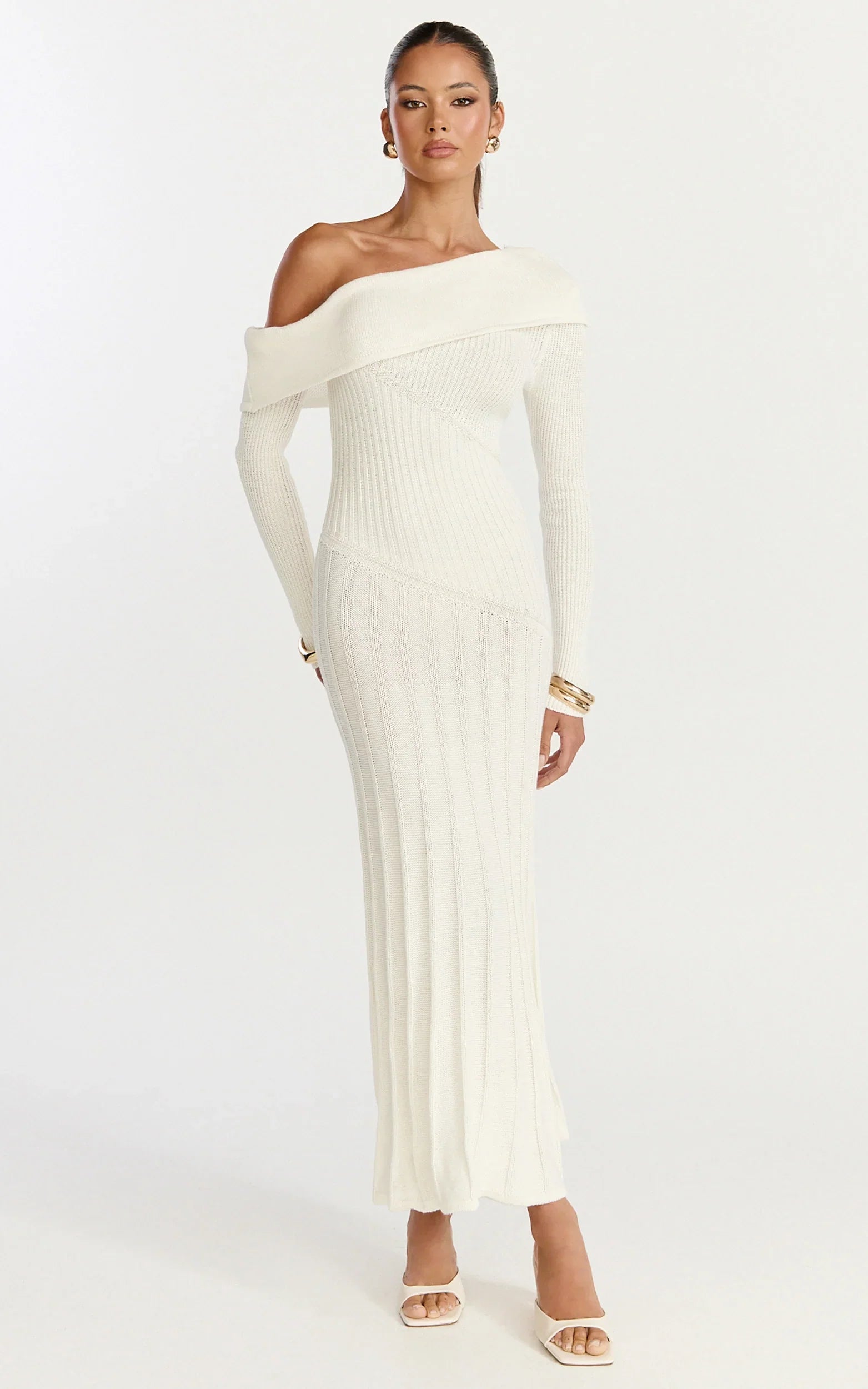 Elaine Midi Dress Knit Off Shoulder Asymmetric Panel Dress in Cream