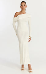 Elaine Midi Dress Knit Off Shoulder Asymmetric Panel Dress in Cream