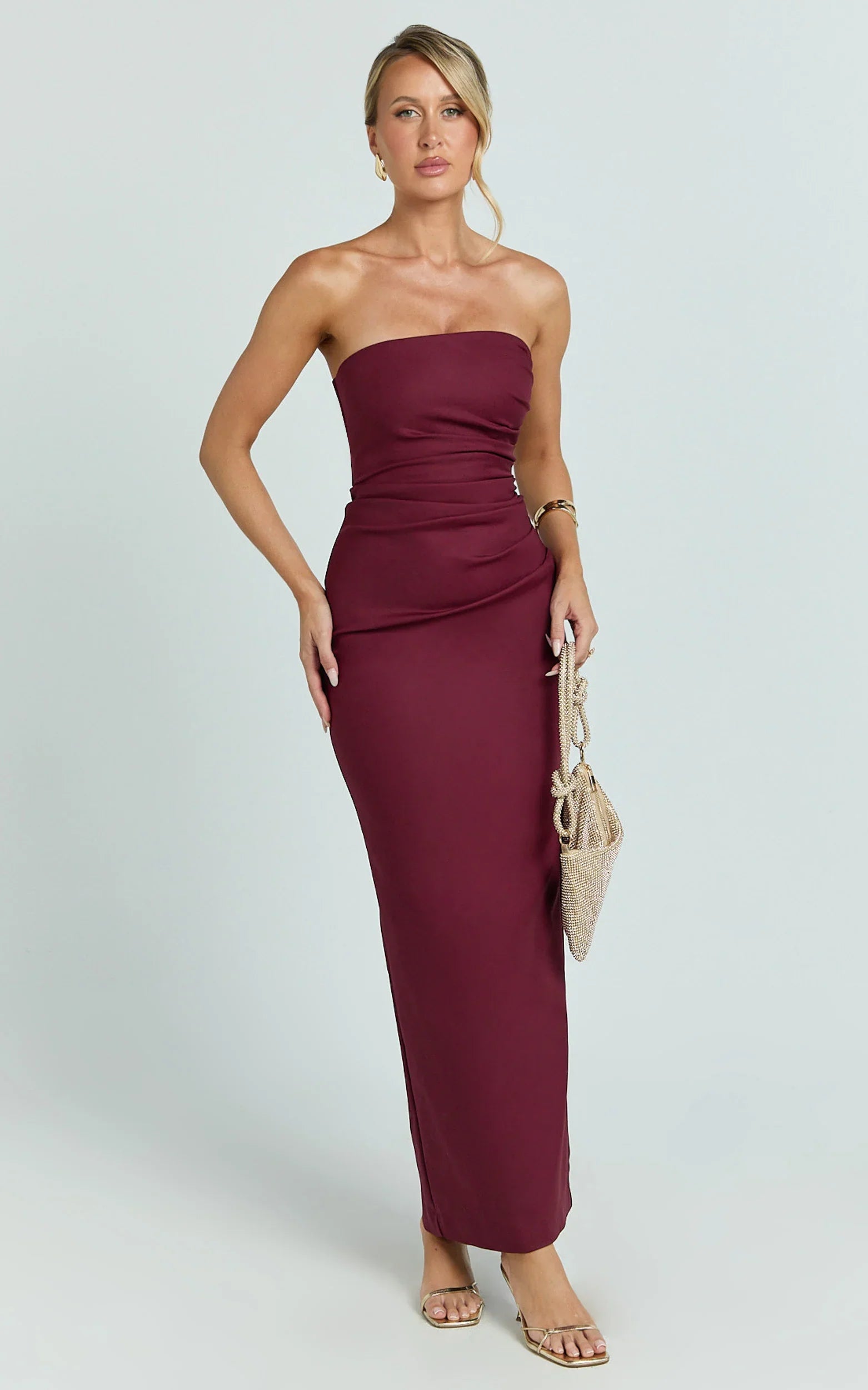 Jamie Maxi Dress Strapless Ruched Fitted Column Dress in Wine