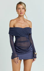 Jade Mini Dress Long Sleeve Off Shoulder Draped Bias Cut Dress in Ink