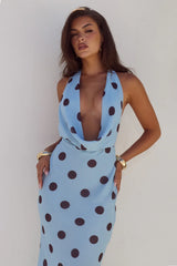 LEXIE LOW PLUNGE HALTER MAXI DRESS SKY BLUE CHOC POLKA