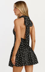 Ruby Mini Dress Halter Neck Tie Drop V Waist Gathered Dress in Black Polka Dot Print