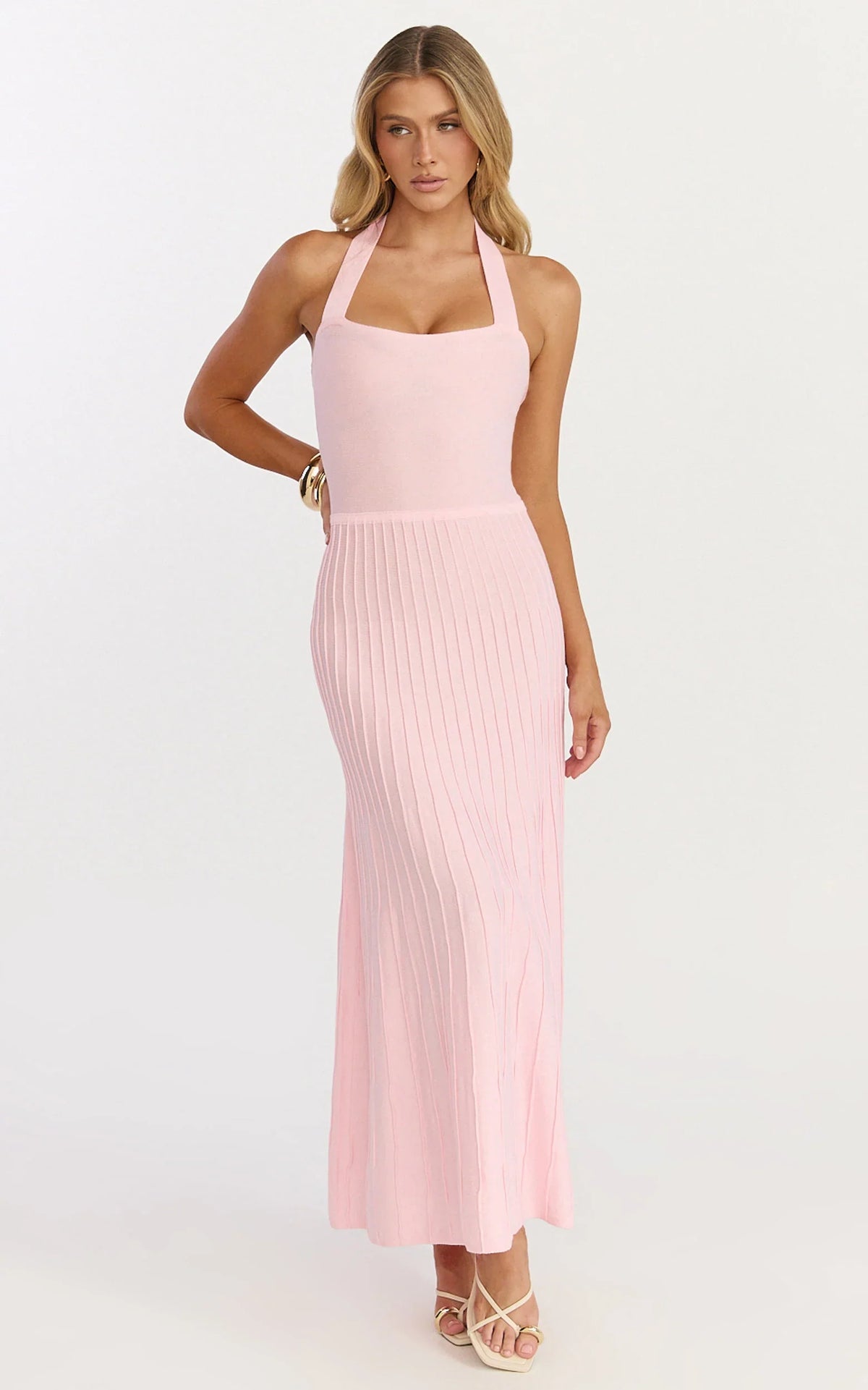 Candace Midi Dress Halter Neck Ribbed Knit Dress in Pale Pink