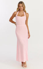 Candace Midi Dress Halter Neck Ribbed Knit Dress in Pale Pink