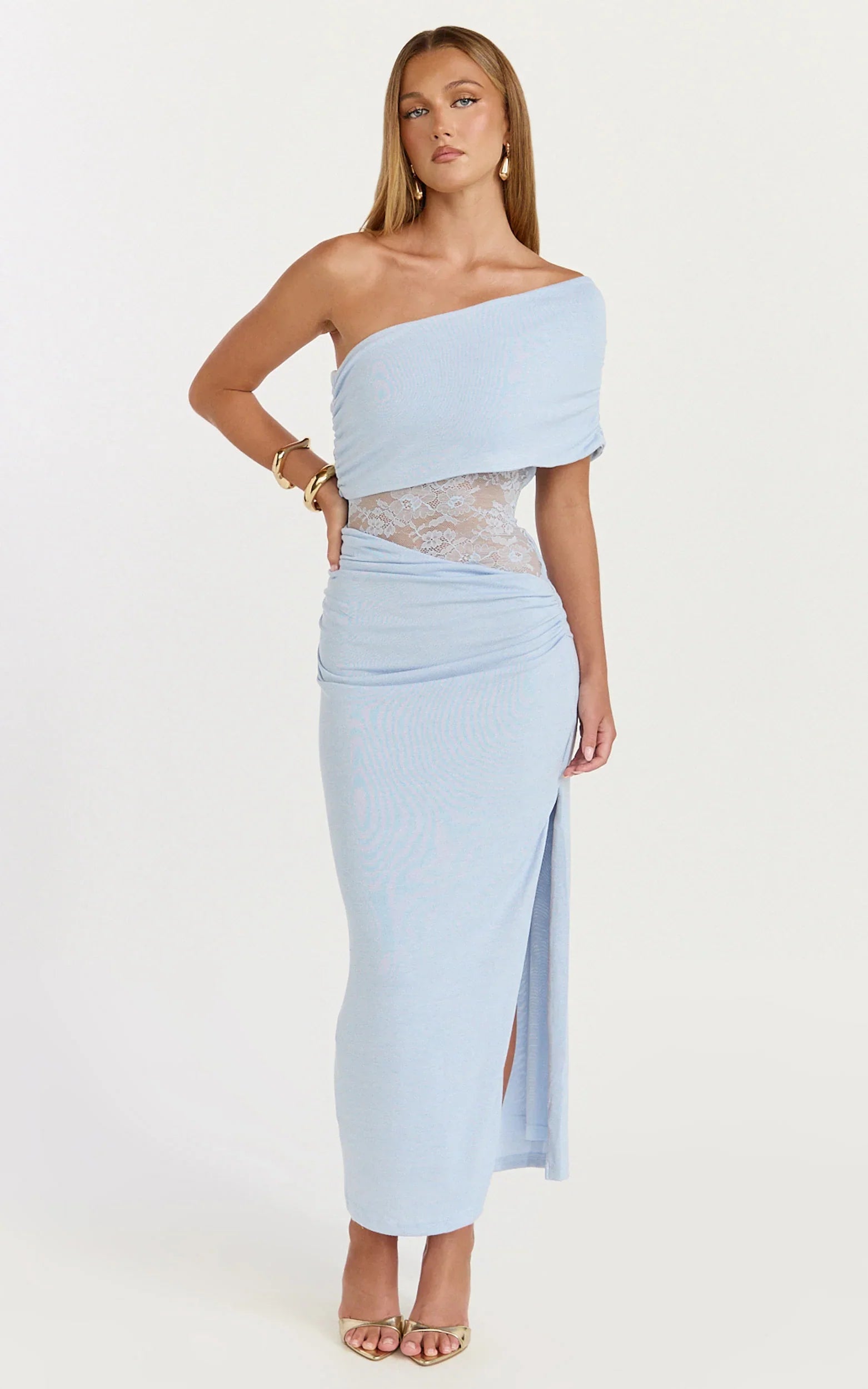 Juliet Midi Dress One Shoulder Lace Contrast Bodycon Dress in Blue