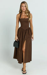 Helda Midi Dress Halter Tie Neck Corset Panel Dress in Chocolate