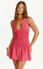 Giselle Mini Dress Halter Neck Shirred Frilled Hem Fit And Flare Dress in Rose
