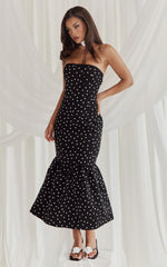 Seraphina Midi Dress Polka Dot Strapless Lace Neck Gathered Mermaid Skirt Dress in Black Polka Dot