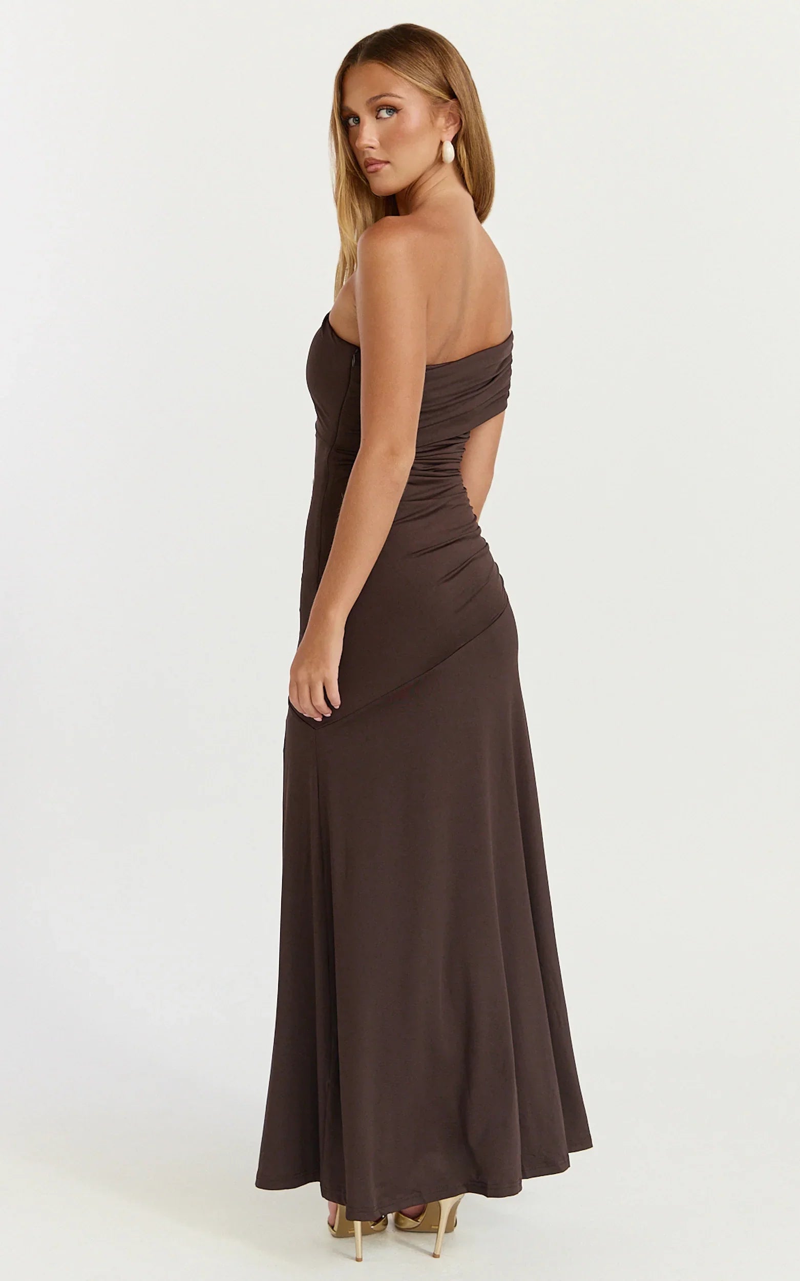 Opal Maxi Dress Off Shoulder Gathered Bodice Fit And Flare Dress in Dark Chocolate