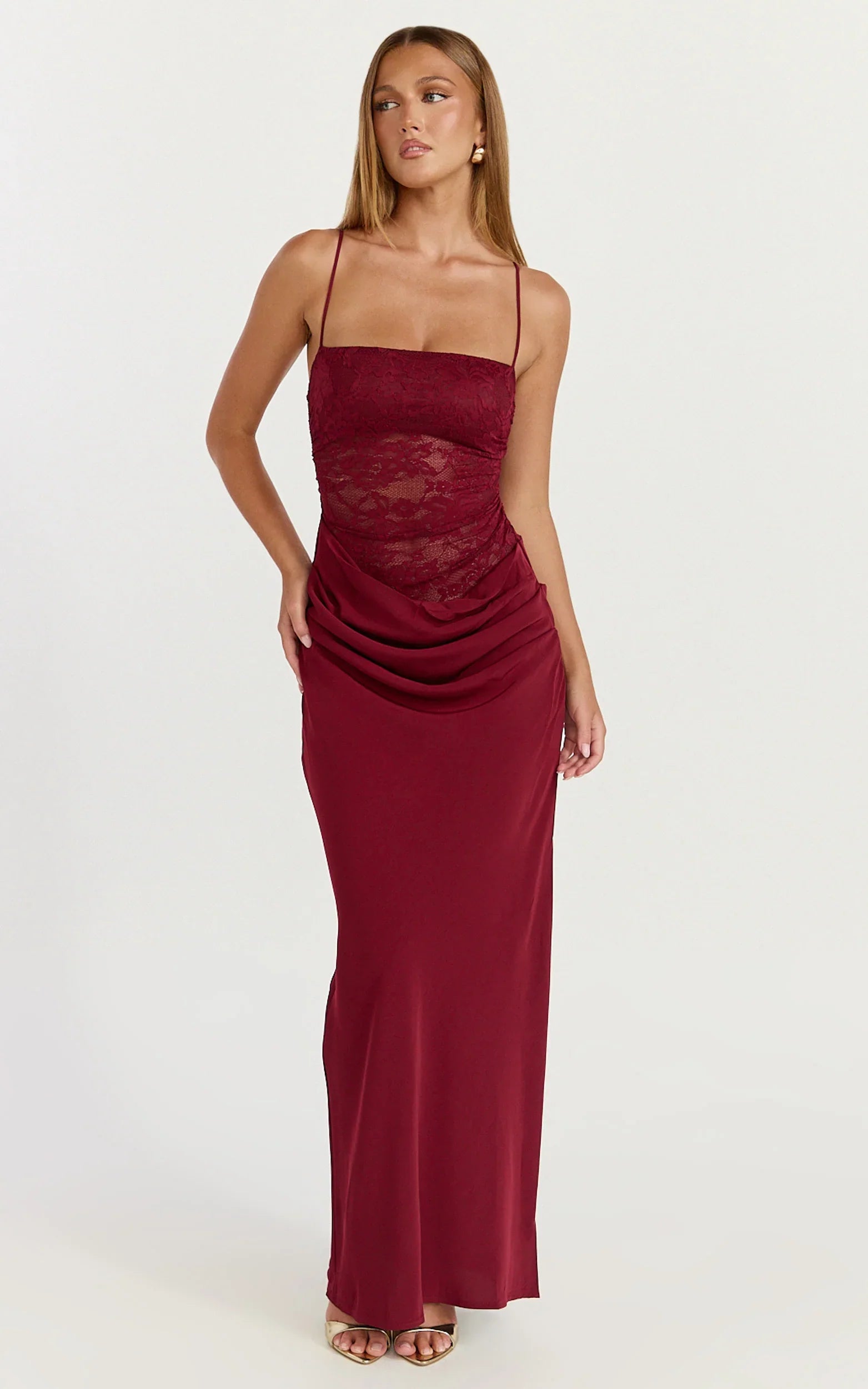 Rania Maxi Dress Contrast Lace Bodice Bias Cowl Drop Waist Dress in Wine