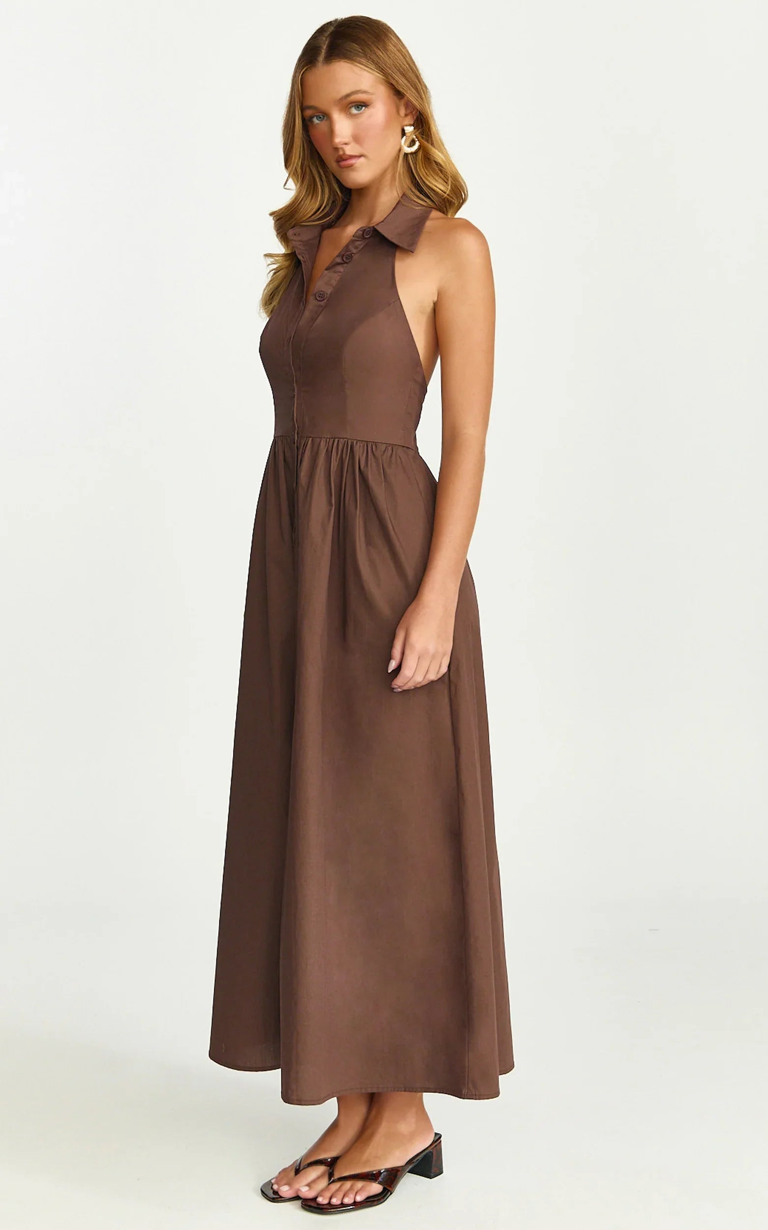 Ruby Midi Dress Collared Button Down Gathered Waist Skirt Fit And Flare Dress in Dark Chocolate