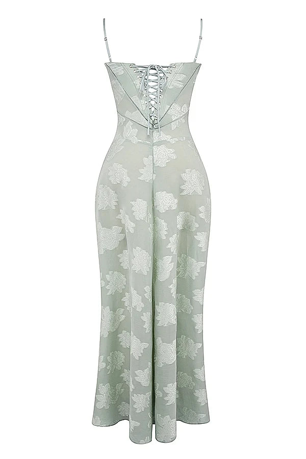 pistachio floral lace back maxi dress
