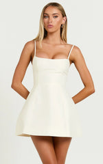 Carolina Mini Dress Scoop Neck Panel Bodice Dress in Off White