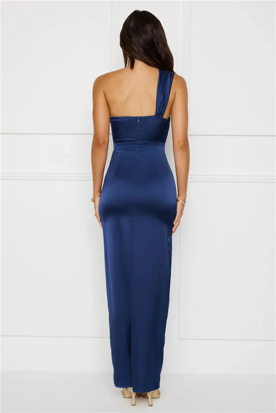 Strong Desire Satin One Shoulder Maxi Dress Navy