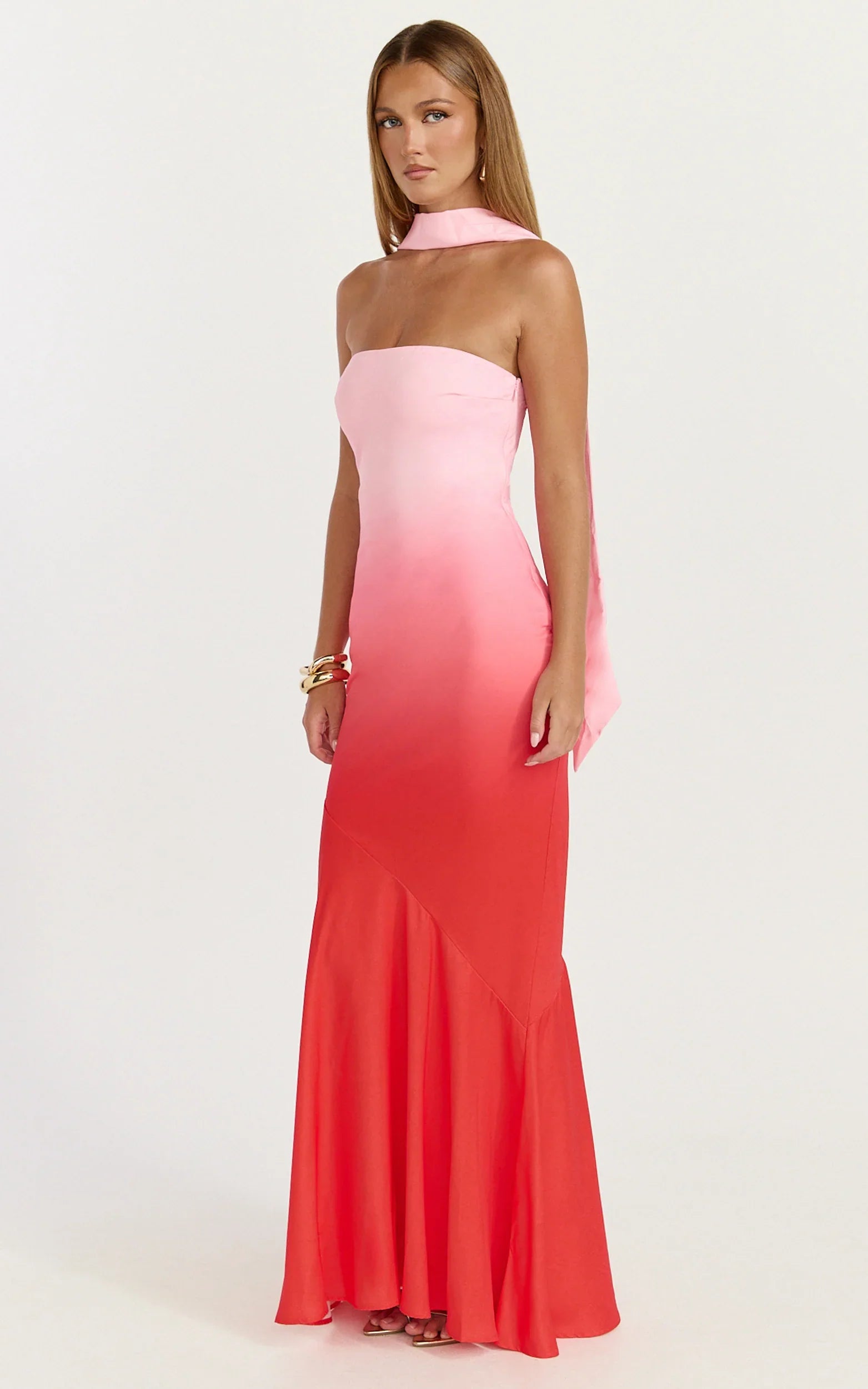 Lolly Maxi Dress Strapless Bias Column Dress with Scarf in Blush Ombre Print