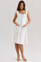 white cotton broderie anglaise trim midi dress