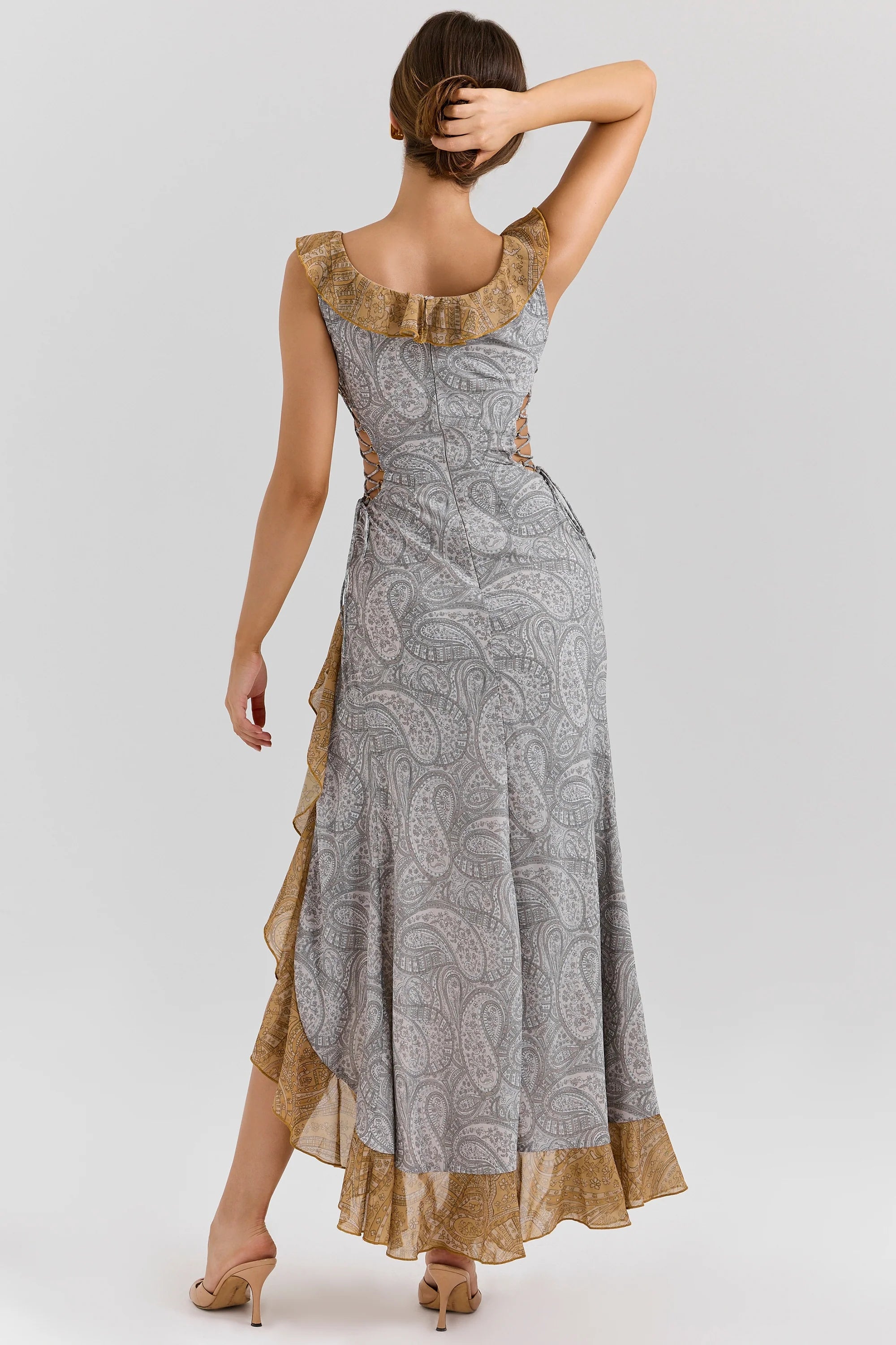paisley print georgette ruffle maxi dress