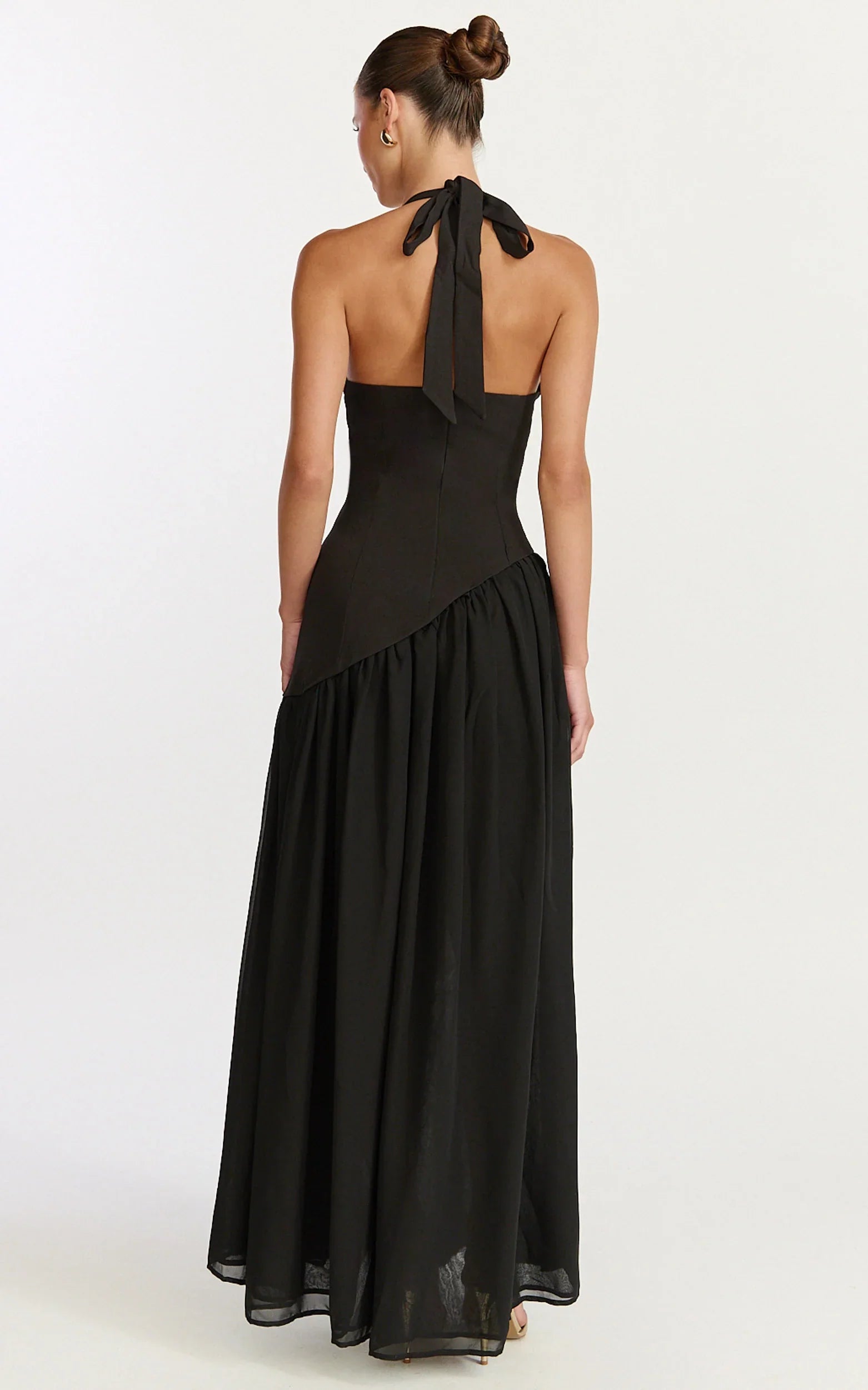 Calla Maxi Dress Halter Neck Asymmetric Dropped Waist Dress in Black