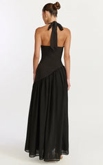 Calla Maxi Dress Halter Neck Asymmetric Dropped Waist Dress in Black