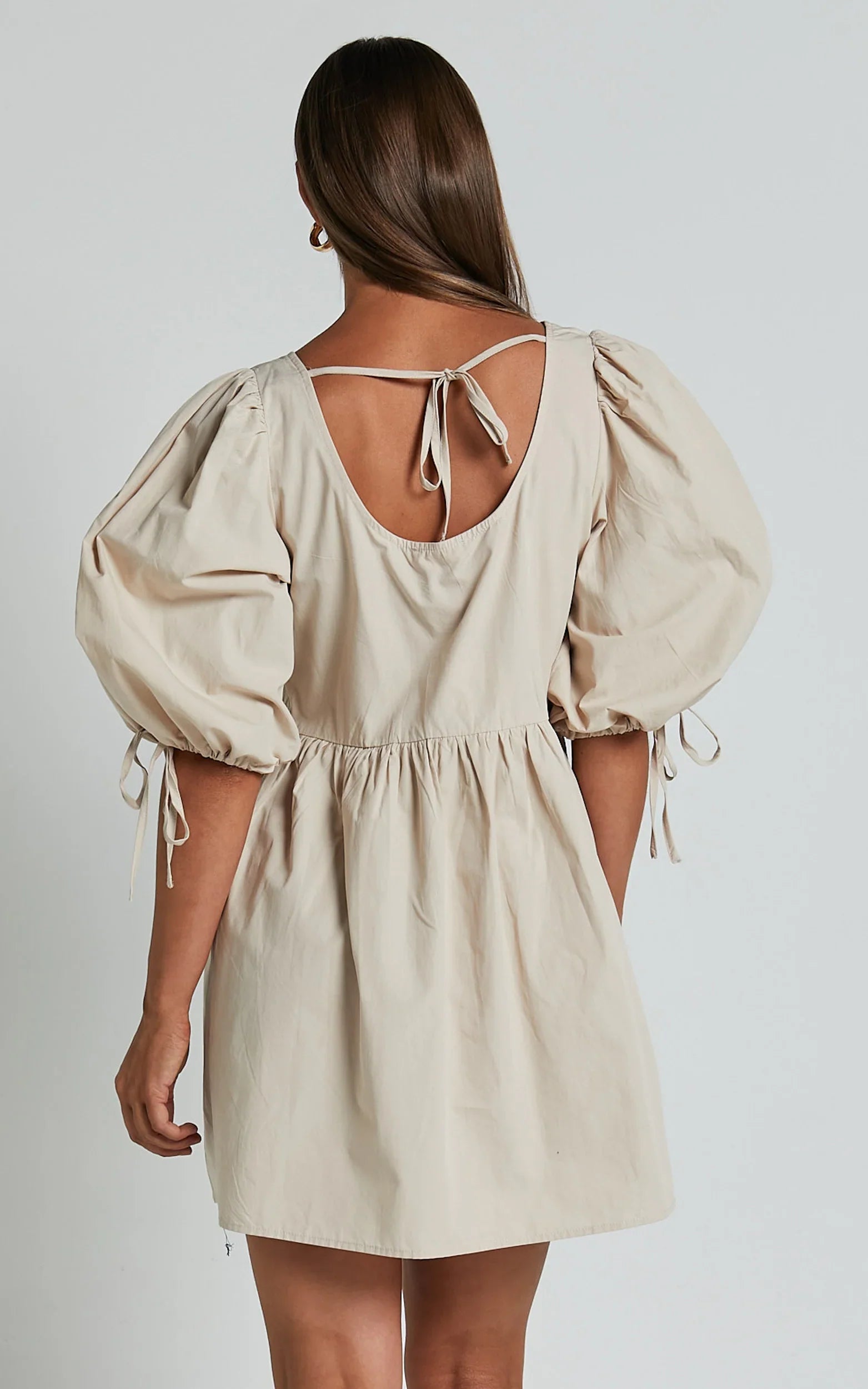 Rosita Mini Dress Tie Front Puff Sleeve Dress in Stone