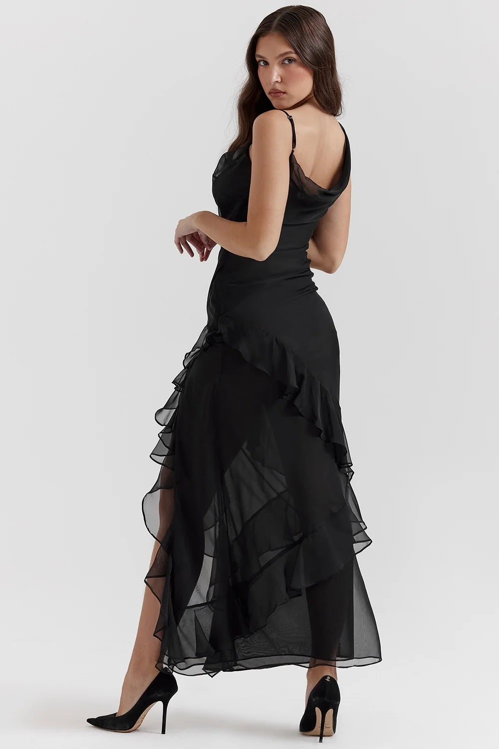 black ruffle maxi dress